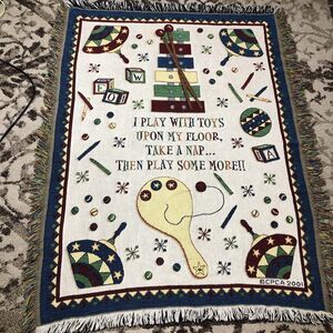 2001 CPCA I Play With Toys Woven Jaquard Tapestry Throw Blanket Fringed 36 x 46
